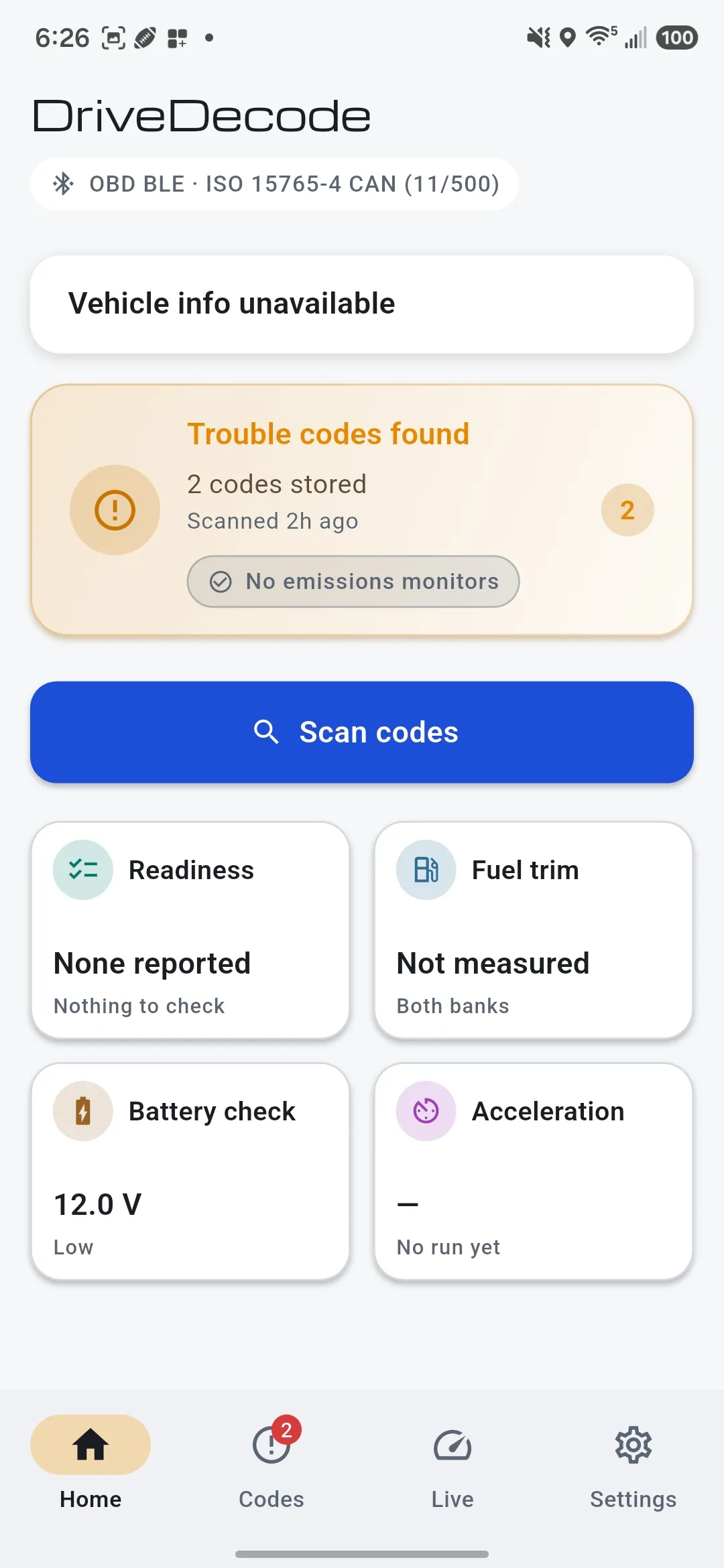 The DriveDecode app home screen, showing an amber Trouble codes found panel reading 2 codes stored, a Scan codes button, and tiles for readiness, fuel trim, battery check and acceleration.