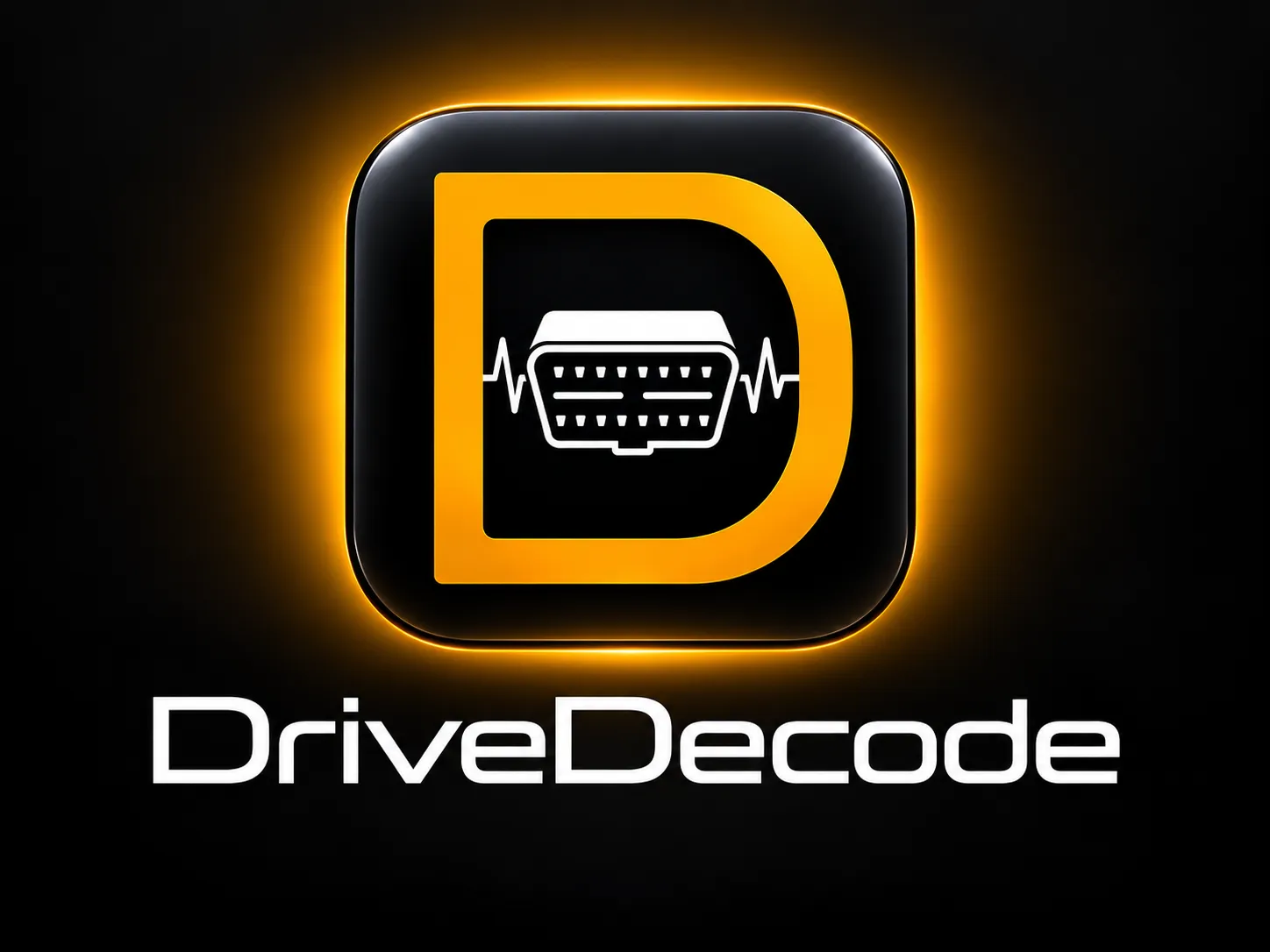 DriveDecode app emblem: an amber D surrounding a white OBD-II connector and pulse trace, above the DriveDecode wordmark.