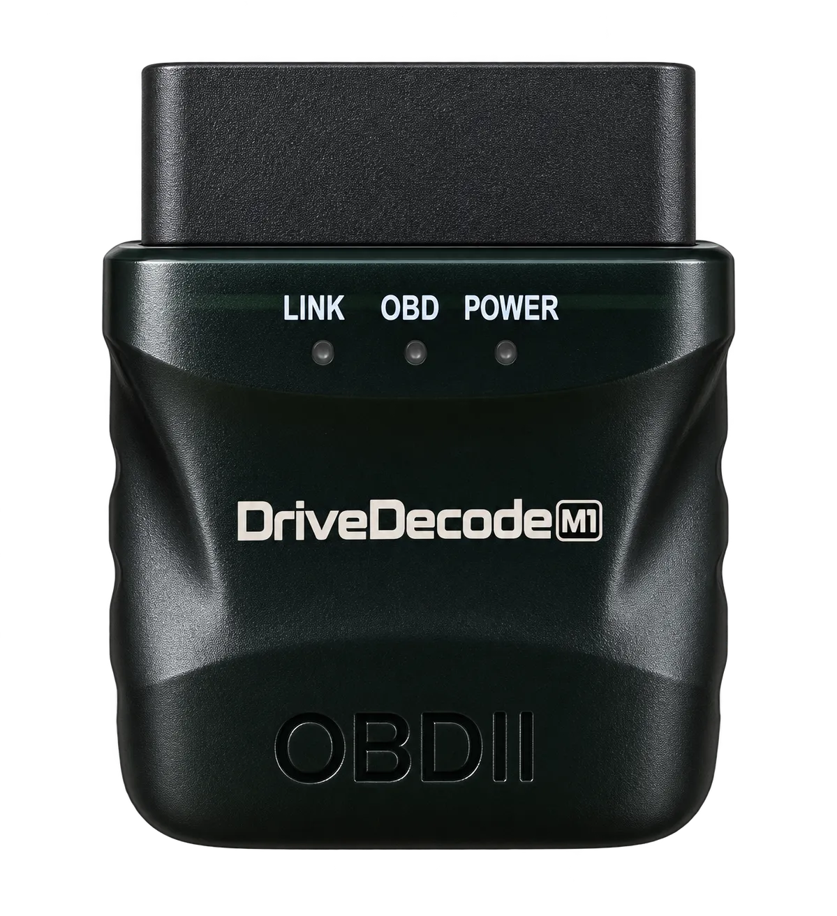 The DriveDecode M1, a small black OBD-II adapter with LINK, OBD and POWER indicator lights above the DriveDecode M1 name.